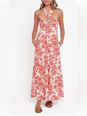 Petal & Pup Cream and Coral Floral Halter Maxi Dress